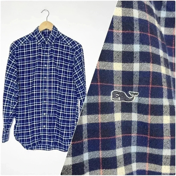 Vineyard Vines Navy Plaid Flannel Button Down Shirt Size Small - Picture 1 of 7